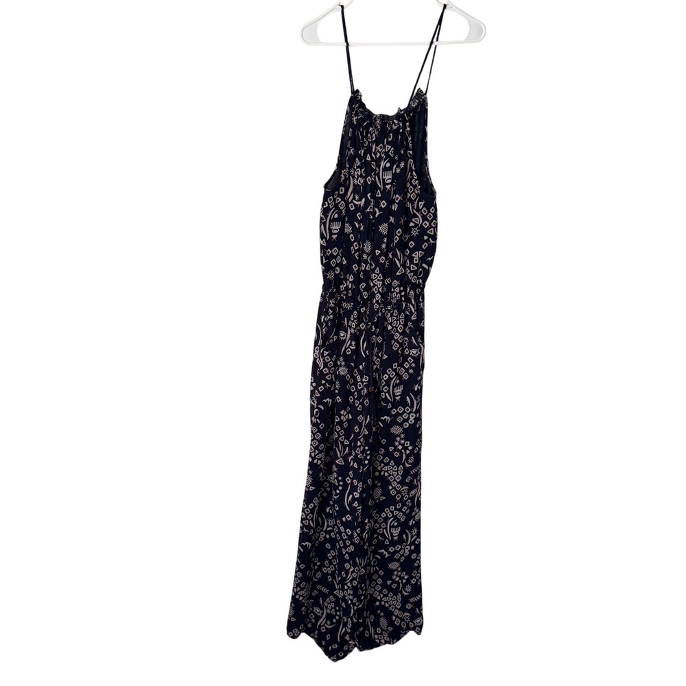 Tory Burch Navy Blue Silk Halter Jumpsuit Geometric Tribal Print XS TP Wide Leg